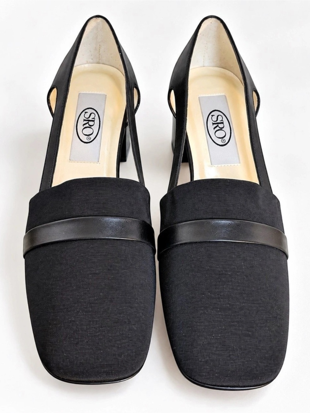 SRO Black Square Toe Cutout Block Heel Pumps Size 7